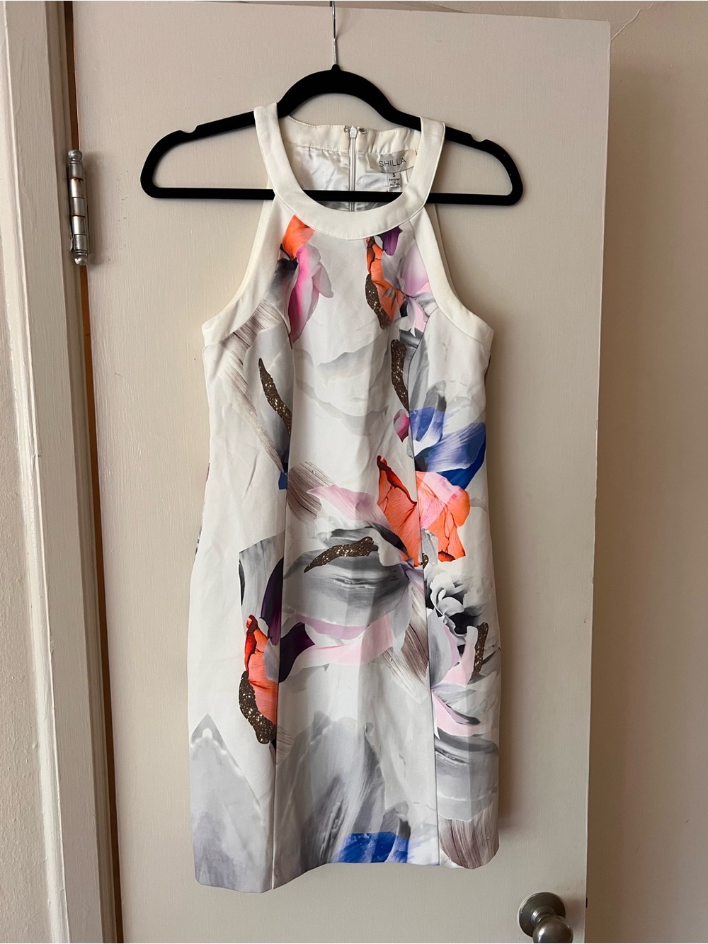 White Halter Mini Dress with Colorful Brushstroke Print